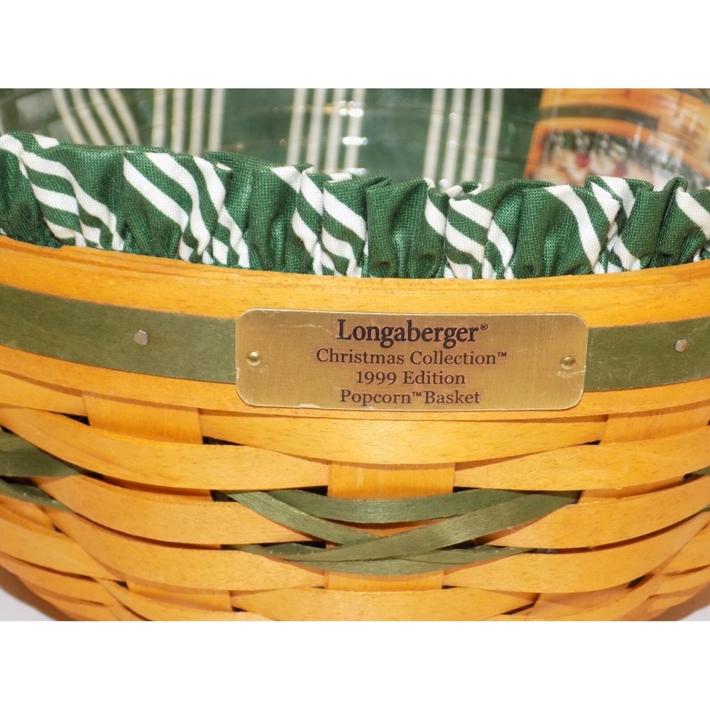 Popcorn Basket w/ Liner & Protector 1999 Christmas Holiday Longaberger GREEN - Picture 2 of 16